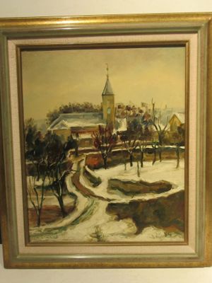 tableau représentant un paysage enneigé avec une église au loin et des arbres au premier plan