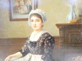 un tableau représentant une femme assise sur un canapé, tenant une assiette