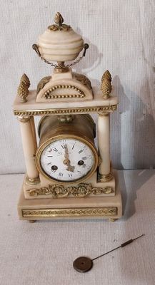 une horloge posée sur une table à côté d'une pièce de monnaie