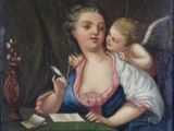 tableau représentant une femme tenant un enfant dans ses bras et écrivant une lettre