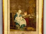 un vieux tableau représentant une femme assise à une table avec un bébé