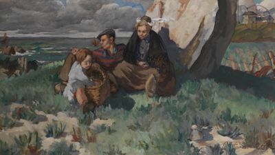 a painting of a group of people sitting under a tree