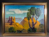 an oil painting of a mountain scene with trees and rocks