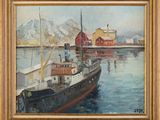 an oil painting of a boat in a harbor with a red building in the background