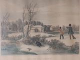 painting of a man and a woman playing with a dog in the snow