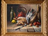 une peinture représentant une nature morte avec des oiseaux morts et des fruits