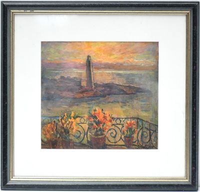 a painting of a lighthouse in the distance with flowers in the foreground