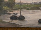 a painting of boats floating on the water in a river