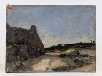 une image représentant une peinture d'un chemin de terre avec une maison en arrière-plan