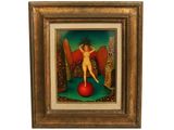tableau représentant une femme nue debout sur une pomme rouge, dans un cadre doré
