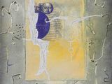 painting of a woman doing a yoga pose in front of a yellow and gray background