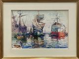 a painting of a group of boats in the water