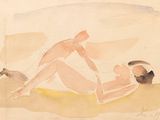 tableau représentant un couple allongé sur une plage avec un chien