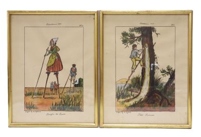 two framed pictures of a man and a woman standing next to a tree
