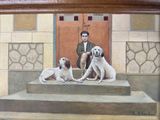 a painting of a man and two dogs sitting on the steps