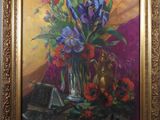 painting of a still life of flowers in a glass vase on a table