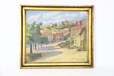 une peinture à l'huile représentant une rue avec des maisons et des arbres, dans un cadre doré