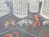 une peinture sur le mur d'un immeuble représentant des personnes et des voitures