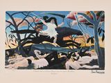an image of a painting of a woman riding a horse in a forest