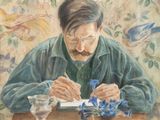 un tableau représentant un homme assis à une table, en train d'écrire sur une feuille de papier