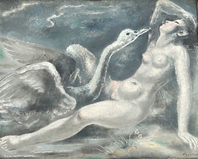 un tableau représentant une femme et deux cygnes allongés sur le sol