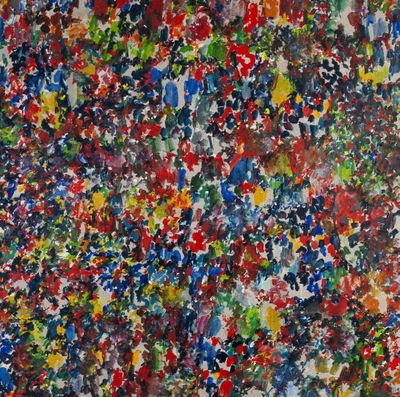 an abstract painting of many colors of paint on a white surface