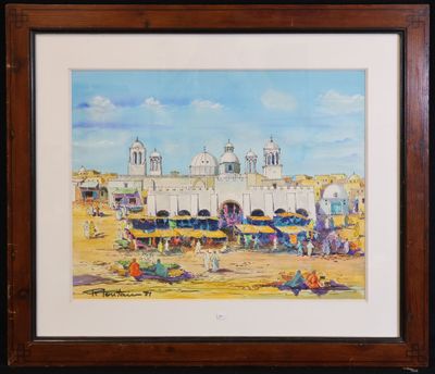 an image of a painting of a beach scene with a church in the background