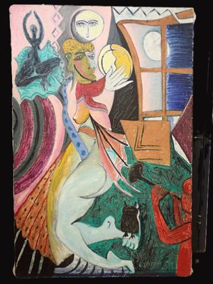 un tableau représentant une femme à cheval accompagnée d'un chien