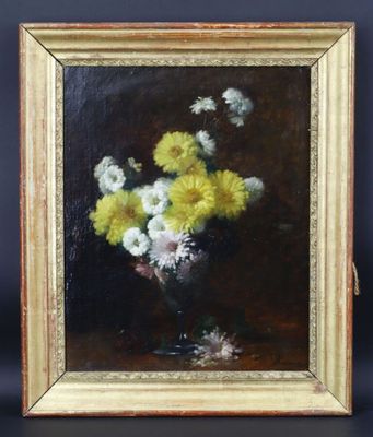 une peinture de fleurs dans un vase sur une table