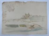 drawing of a castle on a hill with a bridge over a river