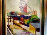 une peinture à l'huile représentant un moulin à vent sur une colline, entouré d'une clôture
