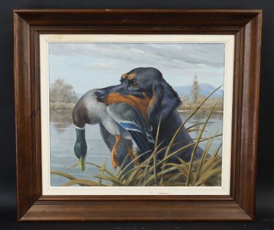 painting of a dog with a duck in its mouth by a lake