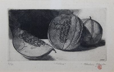 Ghislain BLERIOT (XXème), "Melons", gravure noir et blanc ju…