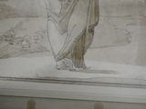 a drawing of a woman in a shawl on a window sill