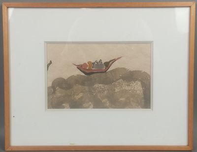 tableau représentant un homme et une femme dans un bateau sur une côte rocheuse
