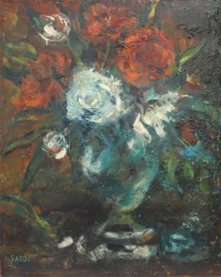 an oil painting of a vase of flowers on a table
