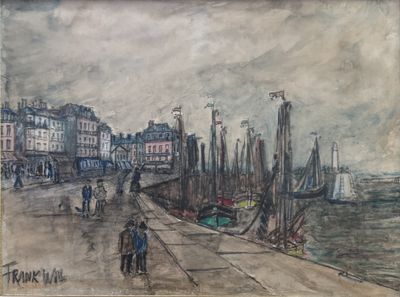 dessin représentant un tableau d'un port avec des bateaux et des personnes qui s'y promènent