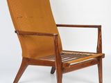 an image of a chair with a wooden frame and a yellow upholstered seat