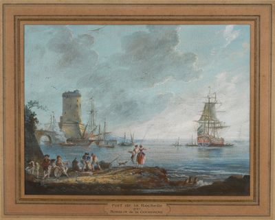 un tableau représentant un groupe de personnes debout sur une plage au bord d'un plan d'eau