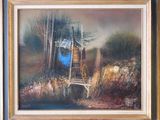 an oil painting of a cabin in the woods with a blue door