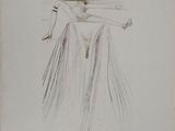 a drawing of a woman in a long dress with a sword on her head