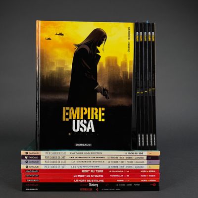 a stack of books with a picture of a man holding a knife