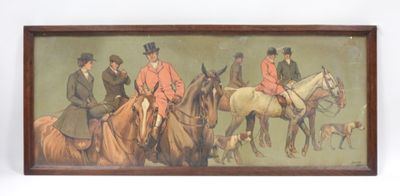 tableau représentant un groupe d'hommes à cheval, avec un chien au premier plan