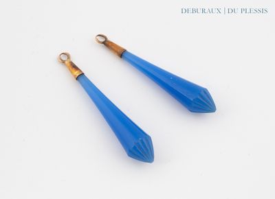 pair of blue glass drop earrings on a white background