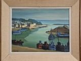 a painting of a harbor scene with boats in the water