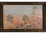 un tableau représentant un paysage désertique avec des arbres et des rochers
