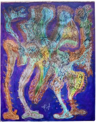 an abstract painting of a horse with a rider on it ' s back