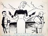 cartoon drawing of a woman talking to two men on a beach