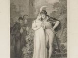 a drawing of a man and a woman standing in front of a building