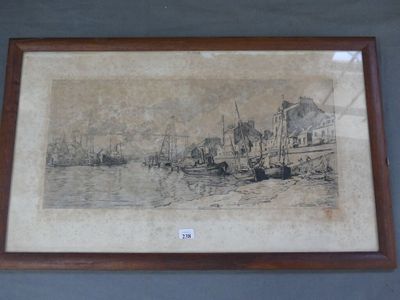 un vieux dessin représentant une scène de port avec des bateaux sur l'eau